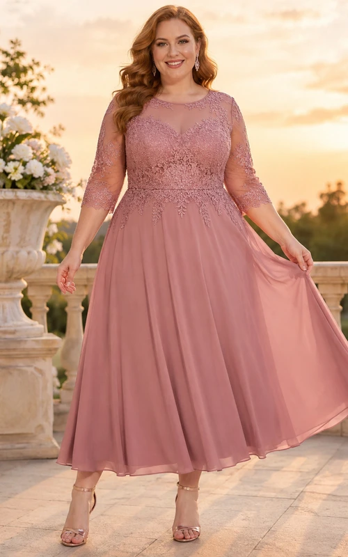 Vestido romántico de talla grande para madres, de manga larga, corte A, largo hasta la rodilla, con escote barco y encaje de gasa, color rosa empolvado.