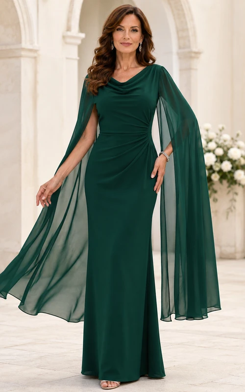 Emerald cowl neck cape sleeve sheath mother evening gown