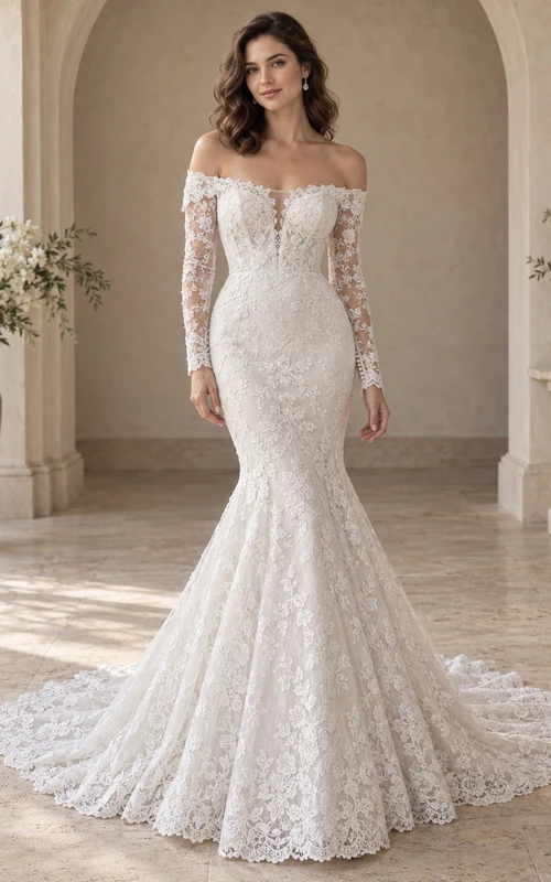 Vestido de novia de sirena de manga larga, hombros descubiertos, encaje floral, ajustado y con borde festoneado.
