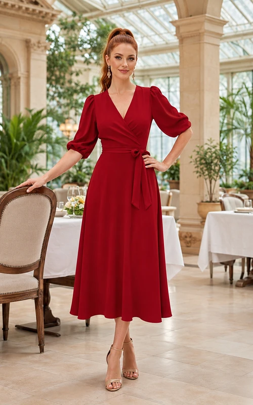 Red V Neck Puff Sleeve A Line Midi Guest Dress