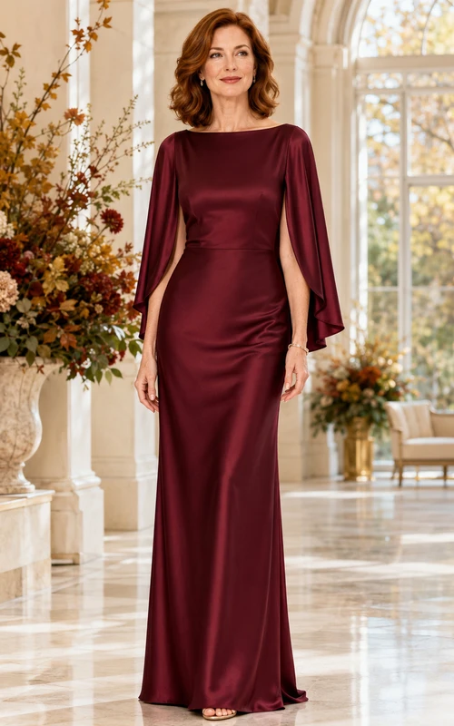 Burgunderrotes, modernes, bodenlanges Etuikleid aus Satin mit U-Boot-Ausschnitt, langen, geschlitzten Cape-Ärmeln und Herbst-Fassadenkleid für die Mutter des Bräutigams