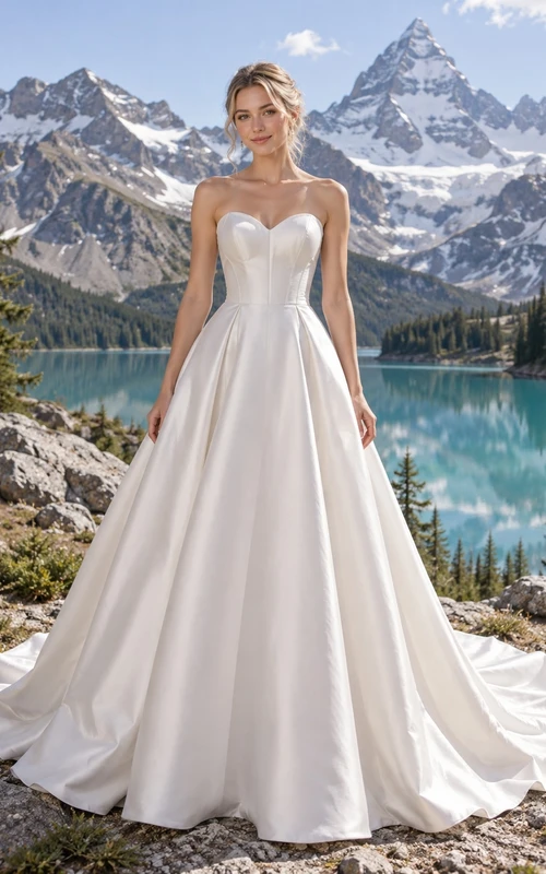 Vestido de novia palabra de honor con escote corazón, corpiño con paneles, satén duquesa, vestido de gala con cola larga.
