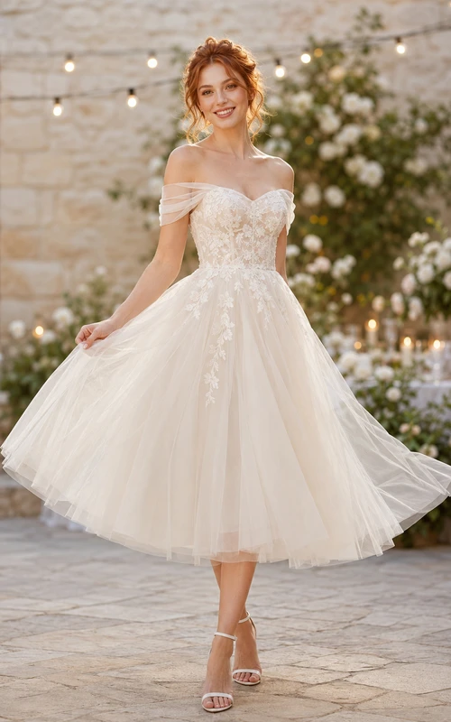 Vestido de recepción romántico de tul y encaje con hombros descubiertos, largo hasta la rodilla, para boda en jardín.