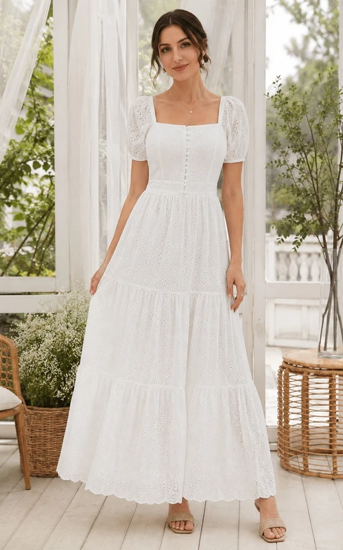Simple White Square Neck Short Sleeve Chiffon A-Line Tiered Dress