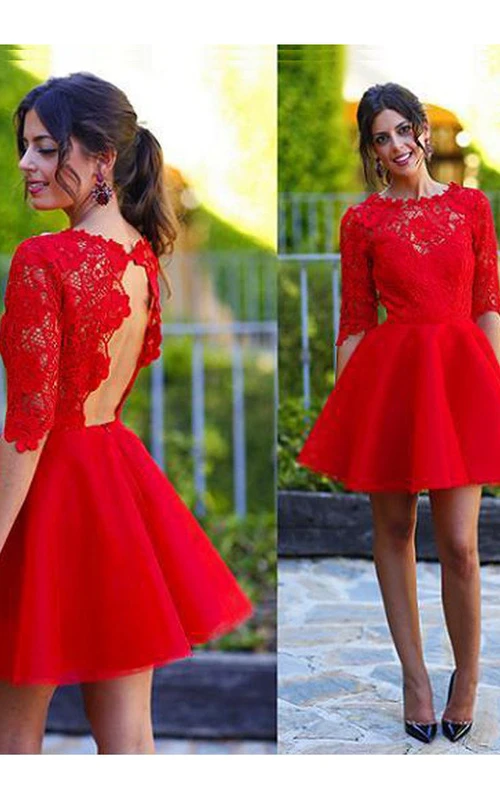 Vestido corto de fiesta de graduación con corte en A, manga corta, satén, encaje, detalles festoneados y abertura en forma de ojo de cerradura.