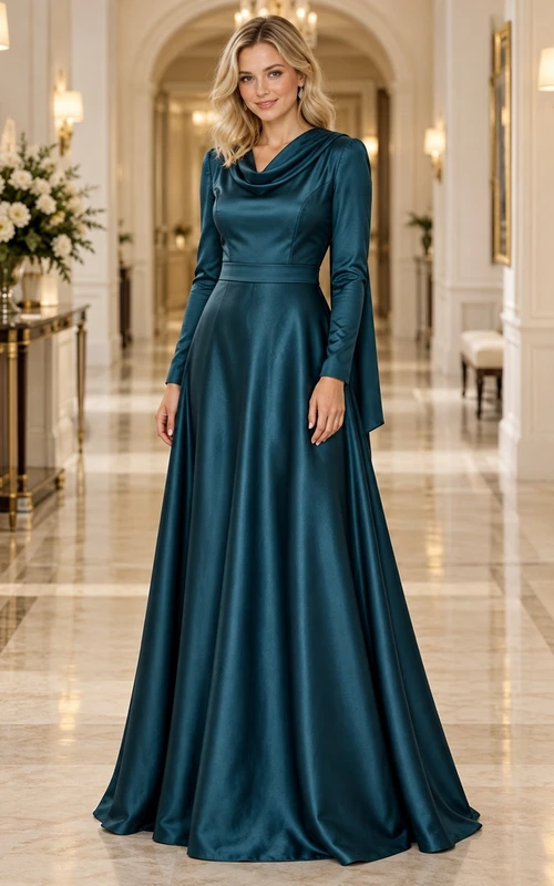 Vestido de dama de honor de satén azul verdoso oscuro de manga larga con cuello tipo bufanda
