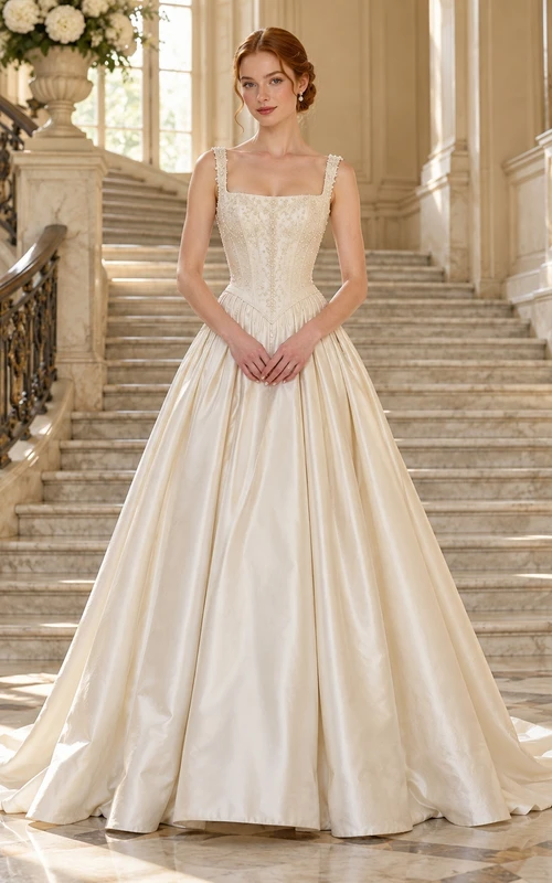 Square Neck Drop Waist Lace Bodice Satin Ball Gown Wedding Dress
