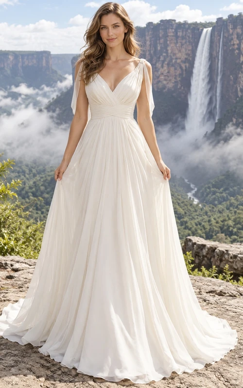 Vestido de novia de gasa con escote en V, tirantes drapeados y falda amplia en línea A.