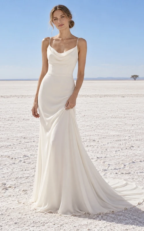 Vestido de novia sencillo de gasa con escote drapeado, tirantes finos y espalda drapeada.