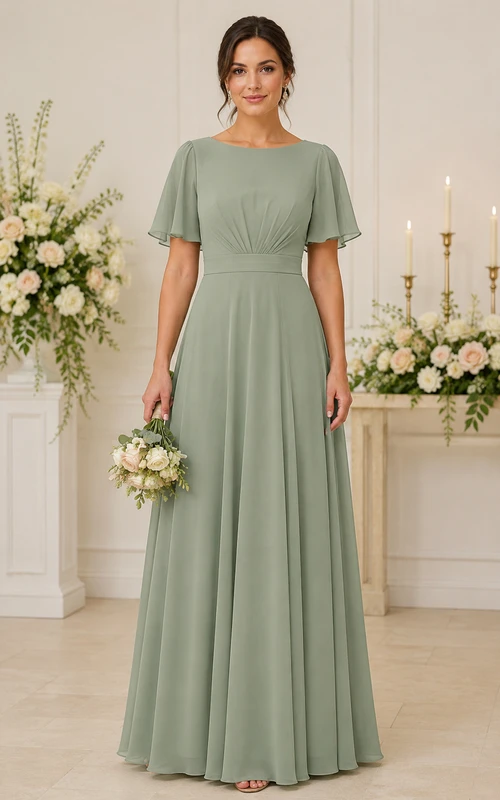 Vestido de dama de honor de gasa con corte en A y manga corta estilo barco, color verde salvia