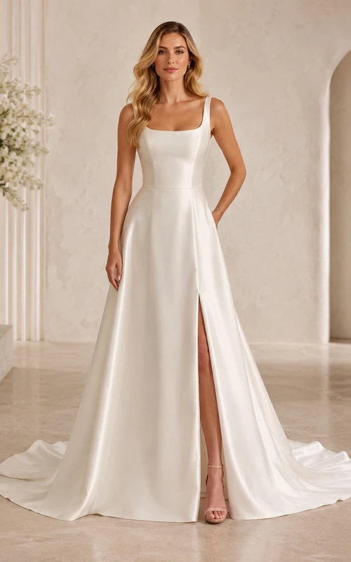 Minimalist Satin Wedding Dress A-Line Square Neck Sleeveless Sweep Train with Slit Bridal Gown
