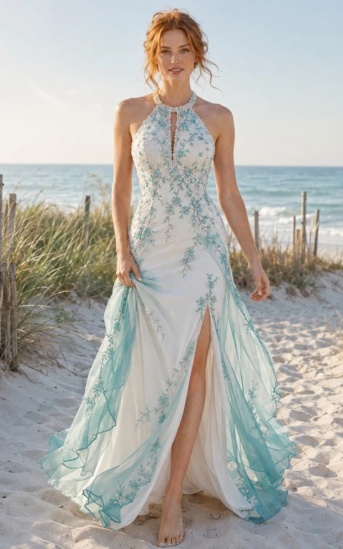 Türkisfarbenes A-Linien-Brautkleid aus Chiffon mit Neckholder und Schlitz im Boho-Stil für den Strand.