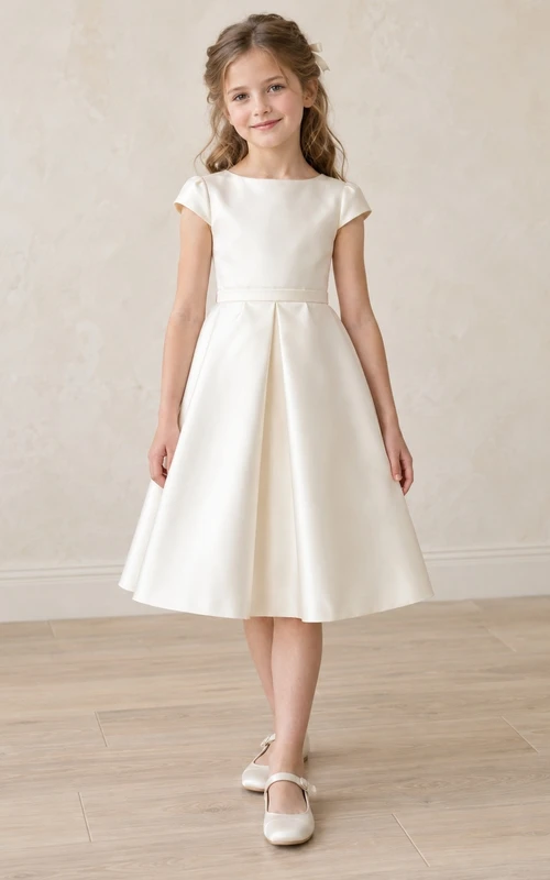 Robe de demoiselle d'honneur simple ivoire à taille plissée, longueur thé
