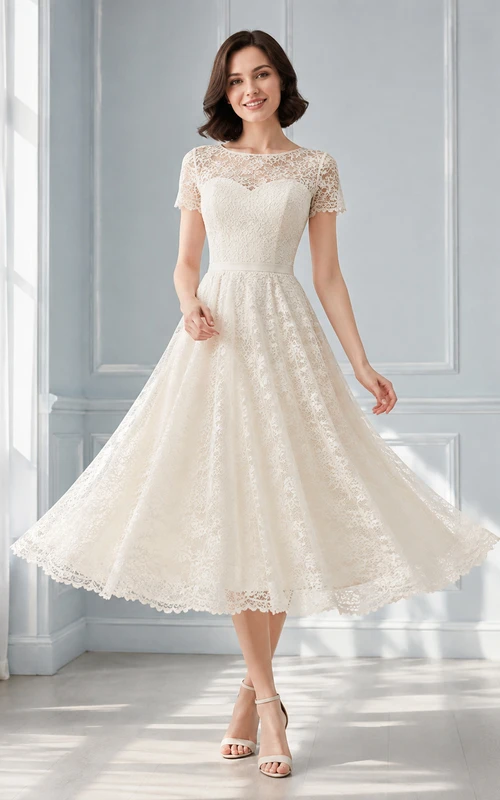 Vestido de noche de corte A hasta la rodilla con escote corazón, mangas ilusión, encaje, tul y cremallera, estilo barco color champán.