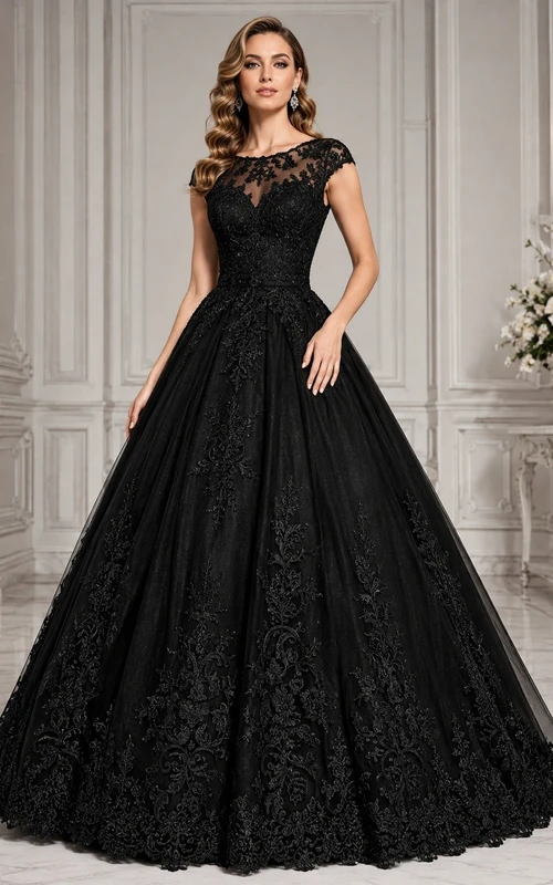 Black Elegant Luxury Jewel Short-Sleeve Lace Ball-Gown Floor-Length Evening Dress
