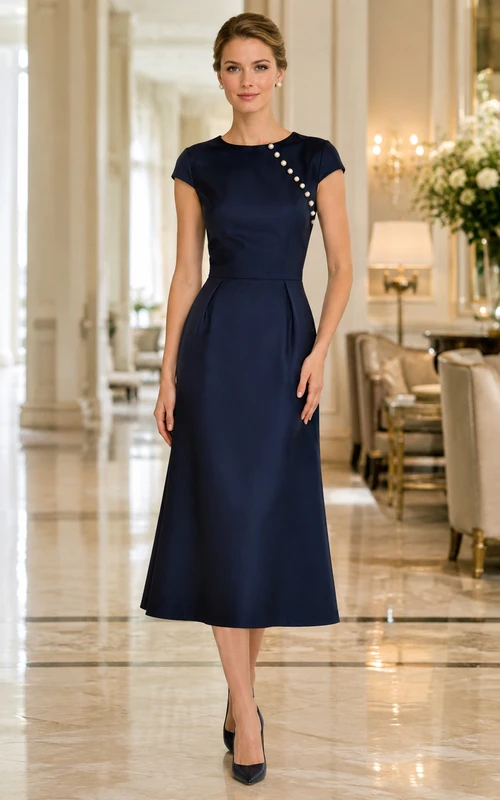 Vestido de fiesta de satén azul marino oscuro con mangas cortas y detalles de perlas, corte A.