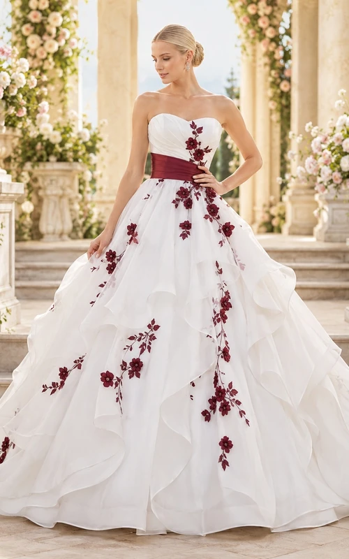 Burgunderrotes, trägerloses Ballkleid aus besticktem Tüll mit Herzausschnitt und Rüschenschleppe