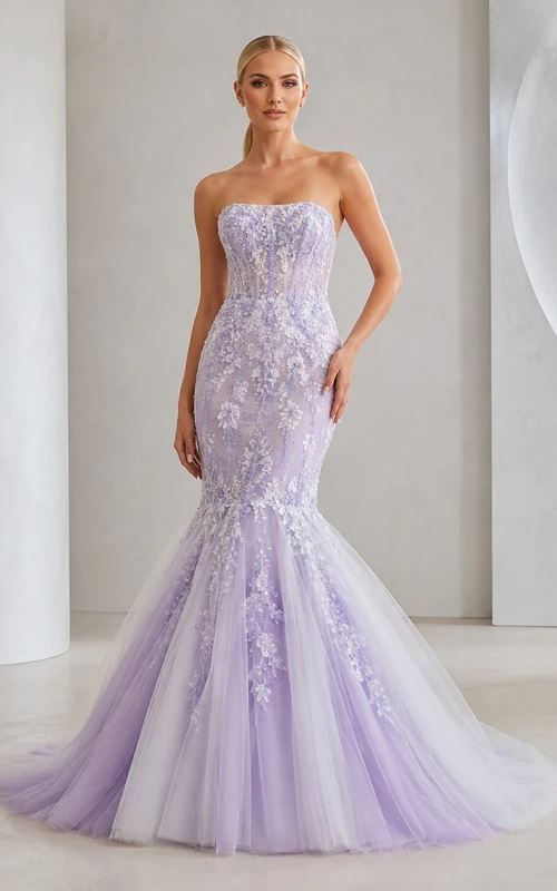 Lavendelfarbenes Meerjungfrauen-Brautkleid aus Spitze und Tüll, trägerlos, ärmellos, mit Schleppe