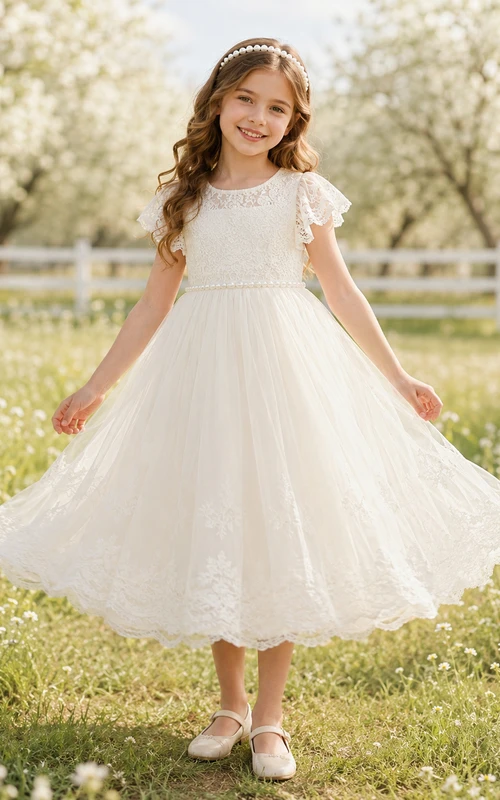 Robe de communion en tulle à manches courtes et dentelle bateau, bandeau de perles et dentelle perlée, avec bandeau orné de perles.