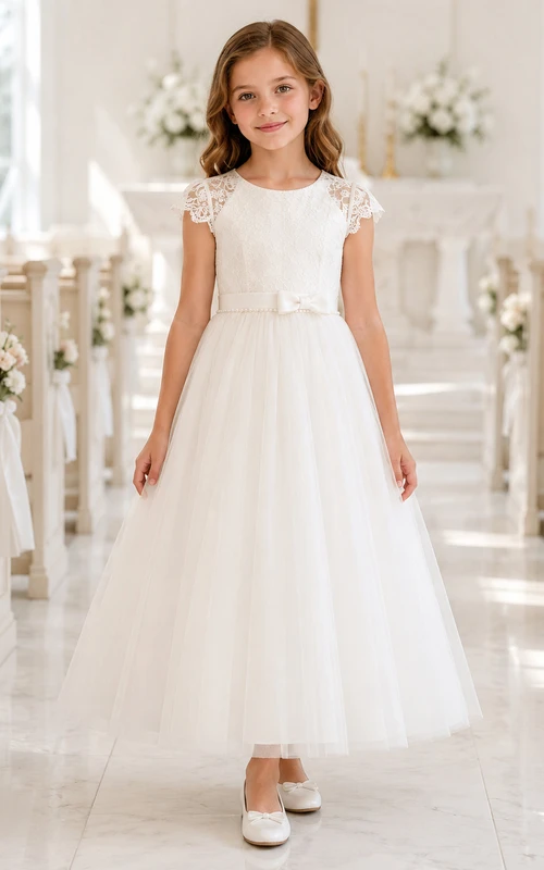 Vestido de niña de las flores, corte A, blanco, para Primera Comunión, encaje, tul, lazo, formal.