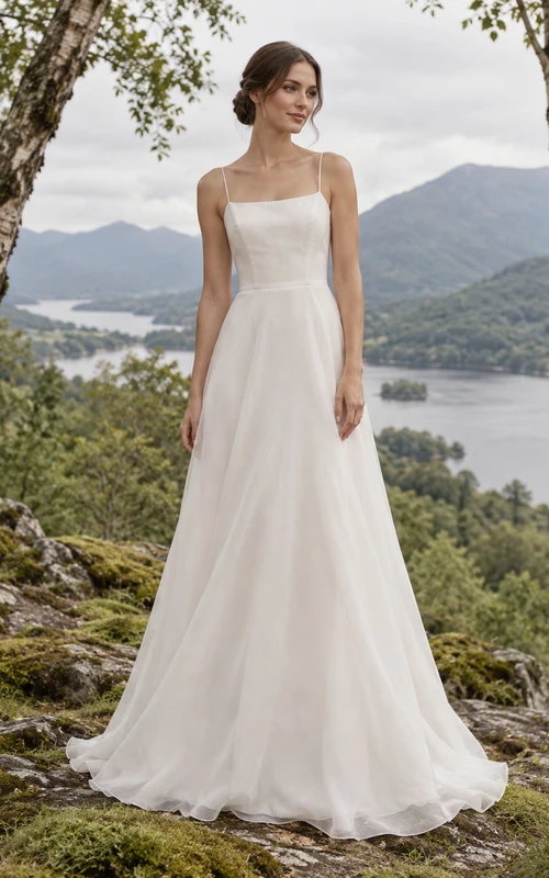Vestido de novia sencillo de organza con escote cuadrado, sin mangas y corte en A con cola.