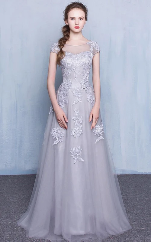 Tüll-Abendkleid in A-Linie, bodenlang, kurzärmelig, lässig, mit Applikationen
