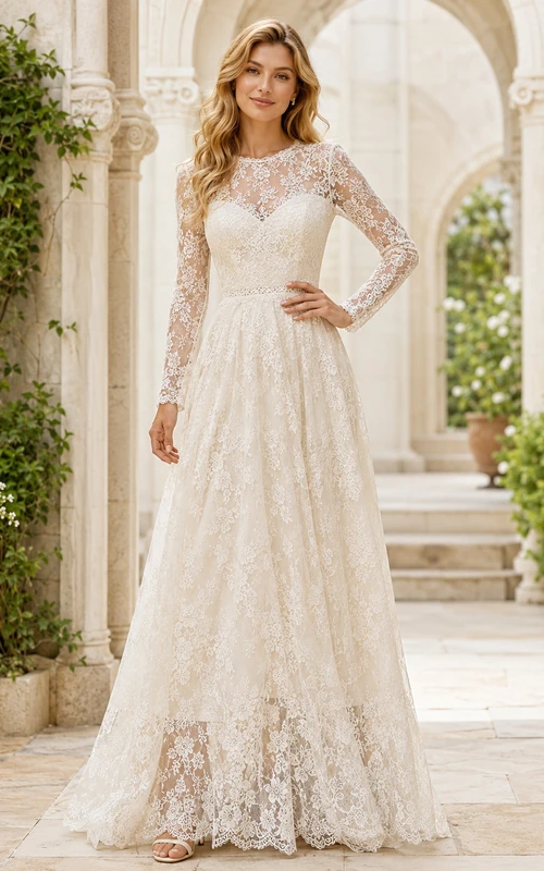 Robe de mariée romantique à manches longues en dentelle, coupe trapèze, effet bateau, style modeste