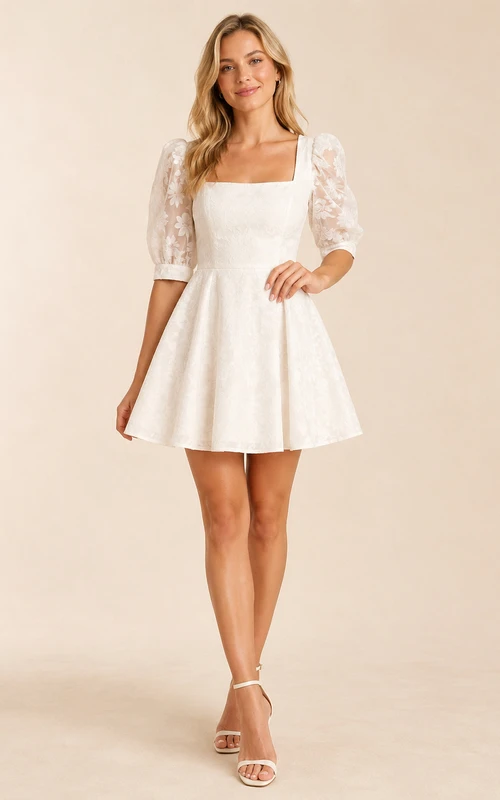 Studio Bloom White A-Line Mini Square Half-Sleeve Lace Romantic Homecoming Dress