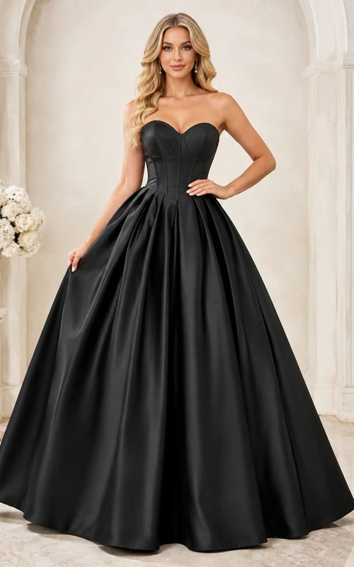 Black Strapless Satin Ball Gown Sweetheart Floor Length Formal Dress