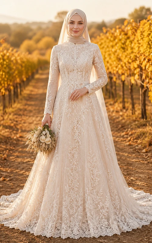 Vestido de novia musulmán modesto de encaje con cuello alto y manga larga, corte en A, ideal para otoño.