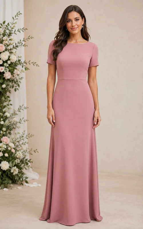 Dusty Rose Sheath Bateau Bridesmaid Dress with Short Sleeves