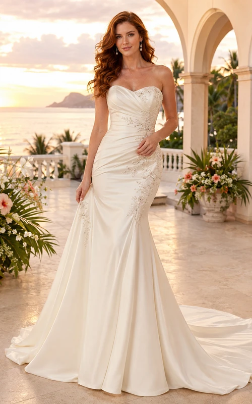 Trägerloses Meerjungfrauen-Brautkleid mit Herzausschnitt aus Spitze und Satin für Resort- und Destination-Hochzeiten