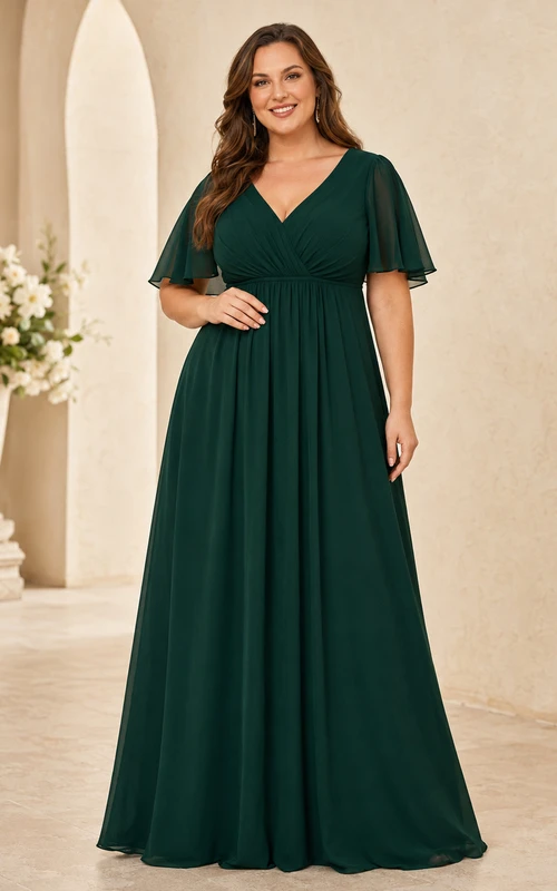 Elegante vestido formal largo hasta el suelo de gasa, color verde oscuro, con escote en V y mangas acampanadas, de talla grande.