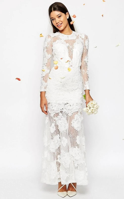 Sheath High Neck Long-Sleeve Lace Wedding Dress With Illusion