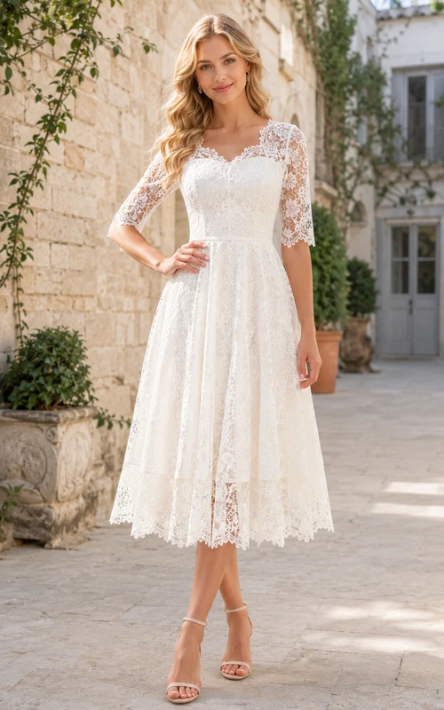Vestido de novia de estilo vintage, elegante, de corte A, largo hasta la rodilla, escote redondo y manga corta, ideal para renovación de votos matrimoniales.