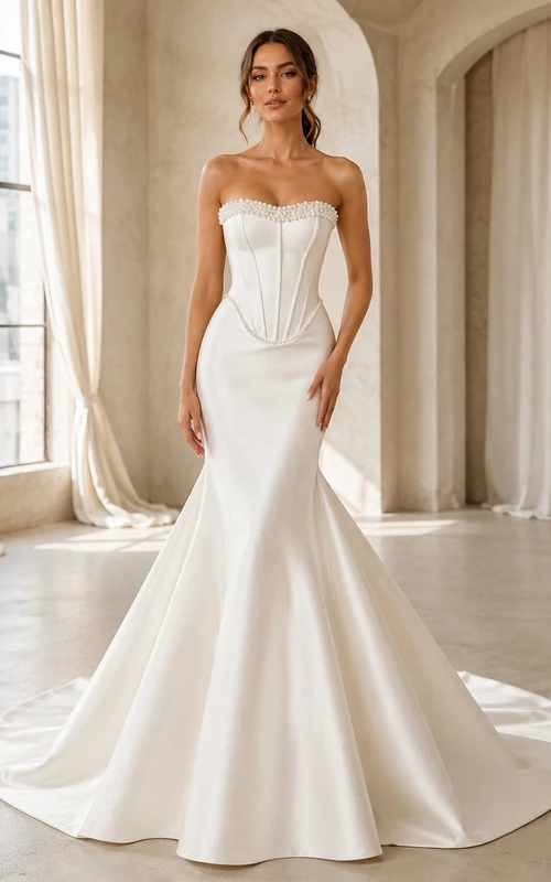 Vestido de novia sencillo estilo sirena sin tirantes con cintura en forma de U y corte vasco