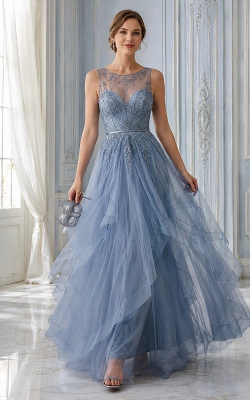 Vestido largo hasta el suelo de corte A con tul y escote ilusión azul acero vintage y cuentas