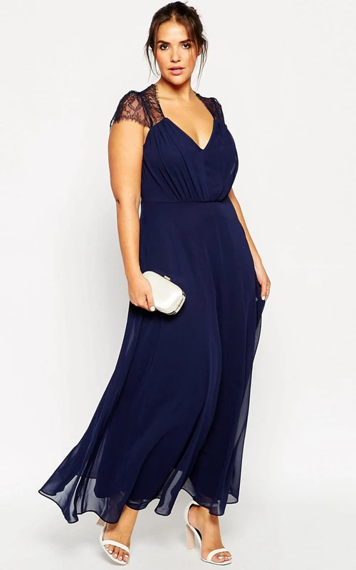 Ankle-Length V-Neck Cap Sleeve Appliqued Chiffon Bridesmaid Dress