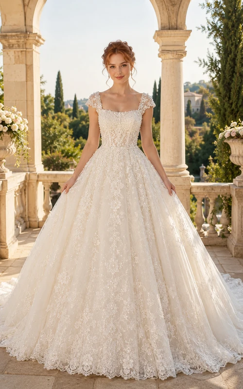 Robe de mariée en dentelle et tulle, coupe trapèze, bretelles fines, traîne, dos nu plongeant.