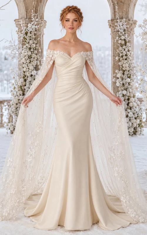 Vestido de novia formal de corte A, modesto, de manga larga y hombros descubiertos.