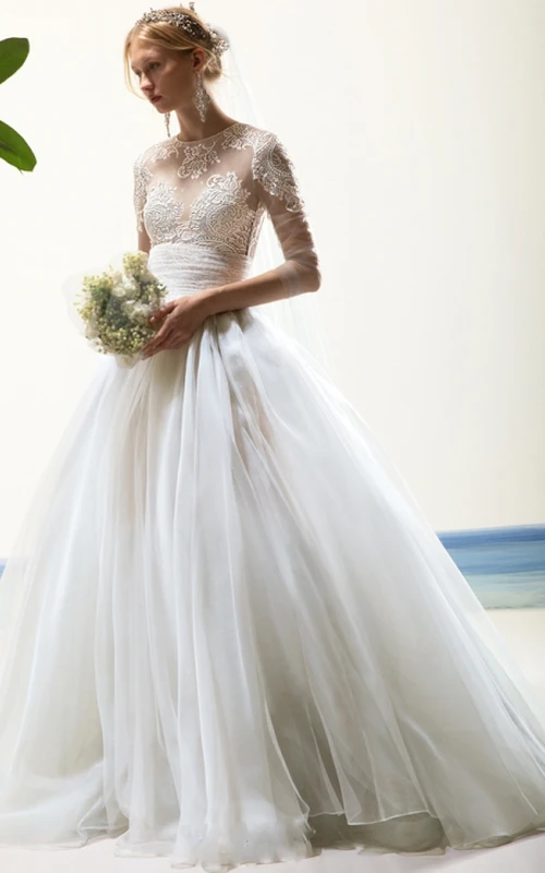 Romantisches Ballkleid mit Illusion-Juwelenmuster, Spitze, bodenlang, halblang, mit Applikationen