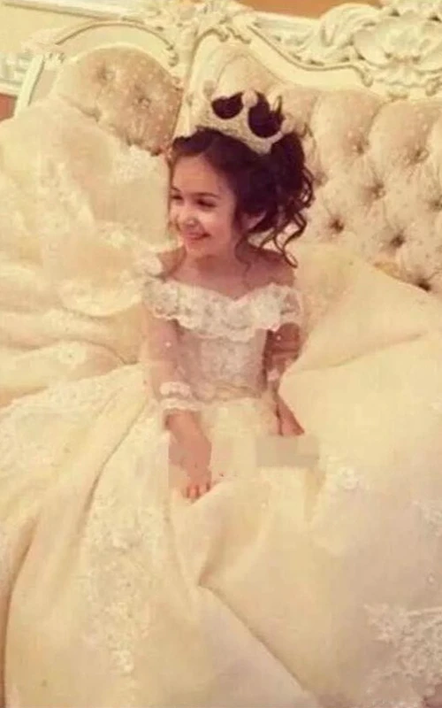 Satin Off-the-shoulder Corset Ball Gown Flower Girl First Communion Dress