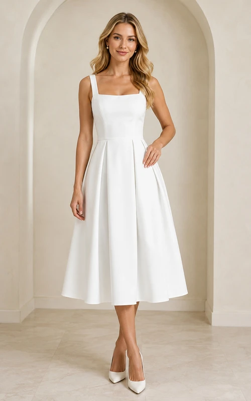 Robe de mariée civile moderne en satin plissé à bretelles carrées et dos nu, style thé, avec bretelles carrées et dos nu.