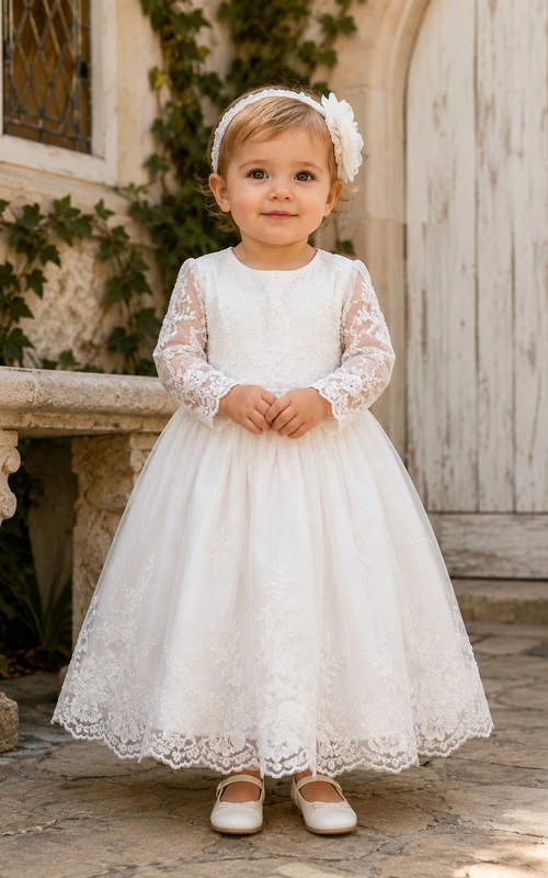 Long Sleeve Baptism Dress A-Line Lace Tulle Jewel Neck Tea-Length