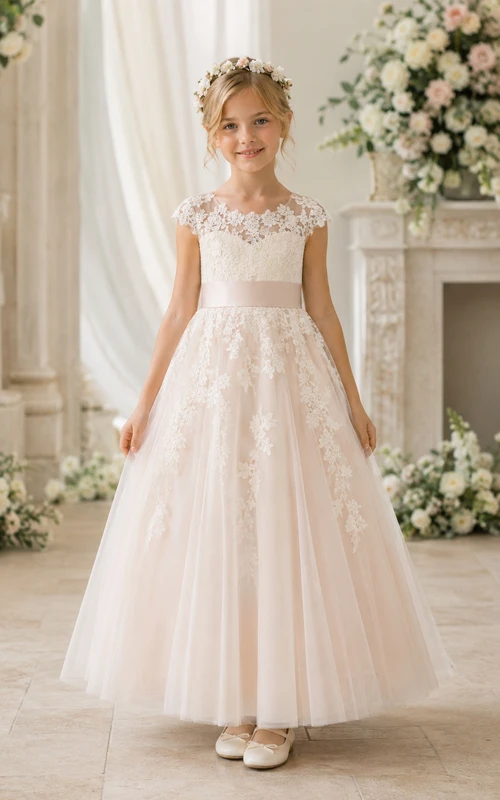 A-Line Cap Sleeve Lace Tulle Flower Girl Dress with Satin Sash