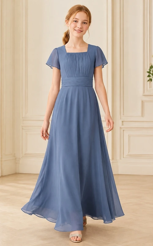 Stahlblaues Brautjungfernkleid für junge Damen, A-Linie, eckig, kurze Ärmel, Blütenblatt-Dekoration