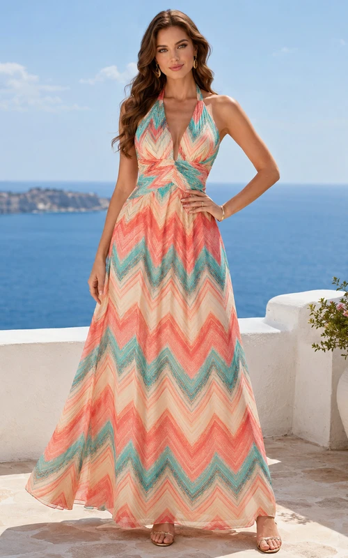 Vestido largo de playa con cuello halter y estampado de zigzag color coral