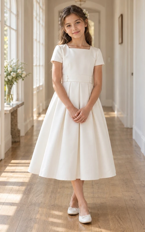 Simple Modest Square Neck Tea-length Ivory Short Sleeve Pleated Button Cluster A-Line Flowergirl Dress