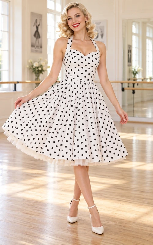 Vintage Tea-length White Black Polka Dot Halter Sweetheart Swing Dance Dress