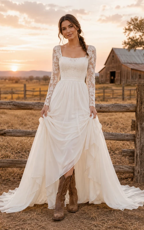 Long Sleeve Square Neck Wedding Dress with Chiffon A-Line Skirt and Lace Detail Romantic Modest